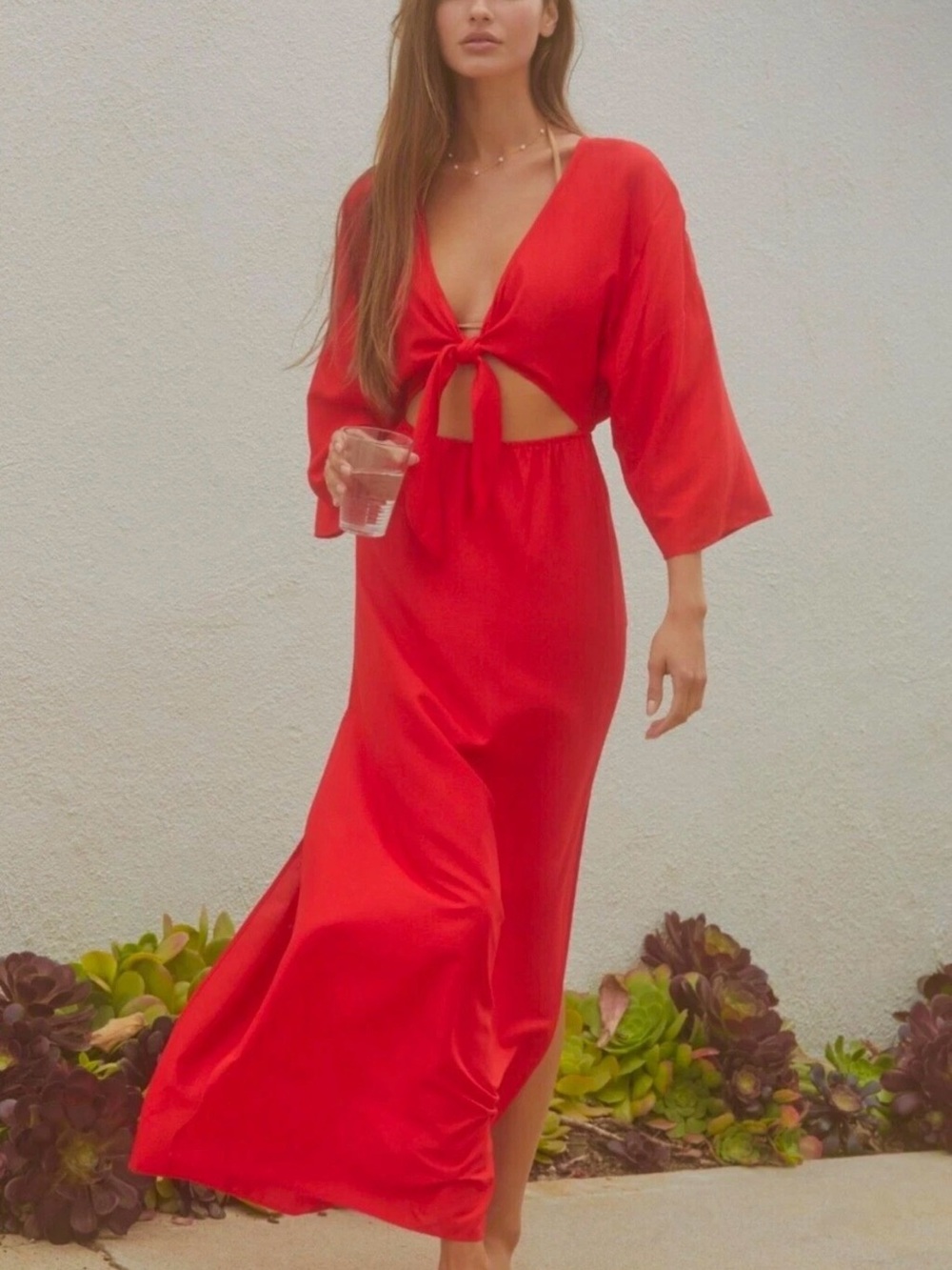 Anthropologie Red Tie-Front Maxi Dress with Cutout Waist